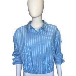 Ava & Viv Button-Up Crop Top Womens XXL Blue White Collared Long Sleeve Shirt NW